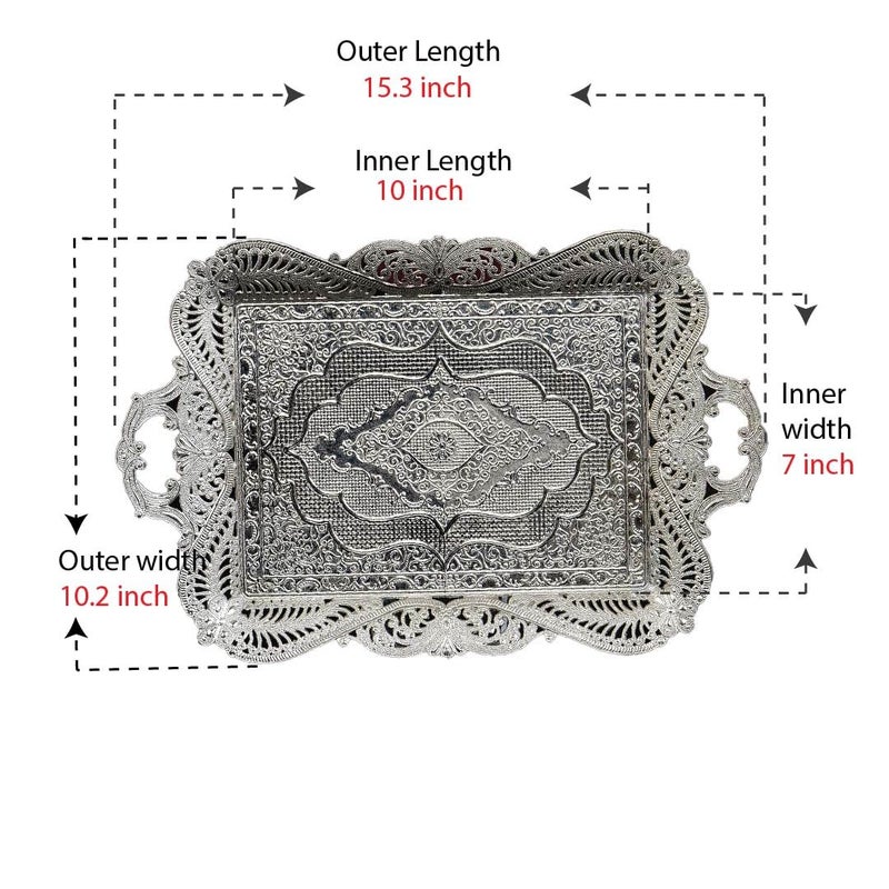 Vissmarta Silver Metal Turkish Coffee Tea Serving Tray Table Decor Decorative Handle Rectangular Home Kitchen Brass Style Fancy Antique Silver Vintage Outdoor Wedding Rectangle Decor Unique Tray - Image 3